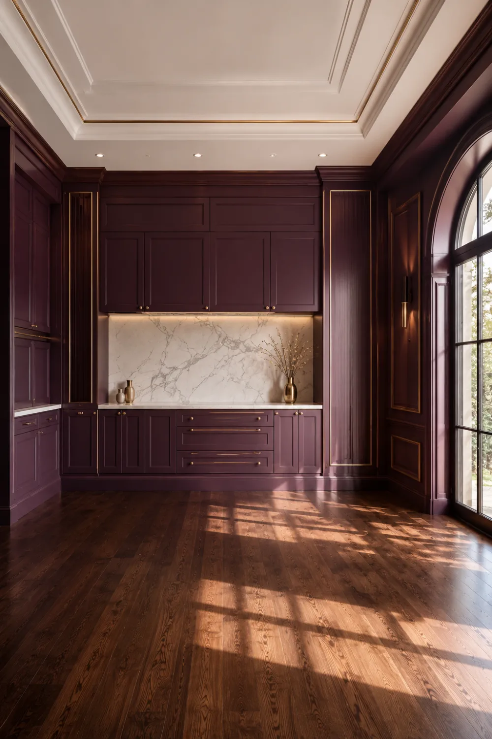 Luxury plum and gold home office with custom wall paneling, rich purple cabinetry, marble accents, gold hardware, warm wood flooring, large arched windows, and sophisticated workspace design inspiration.