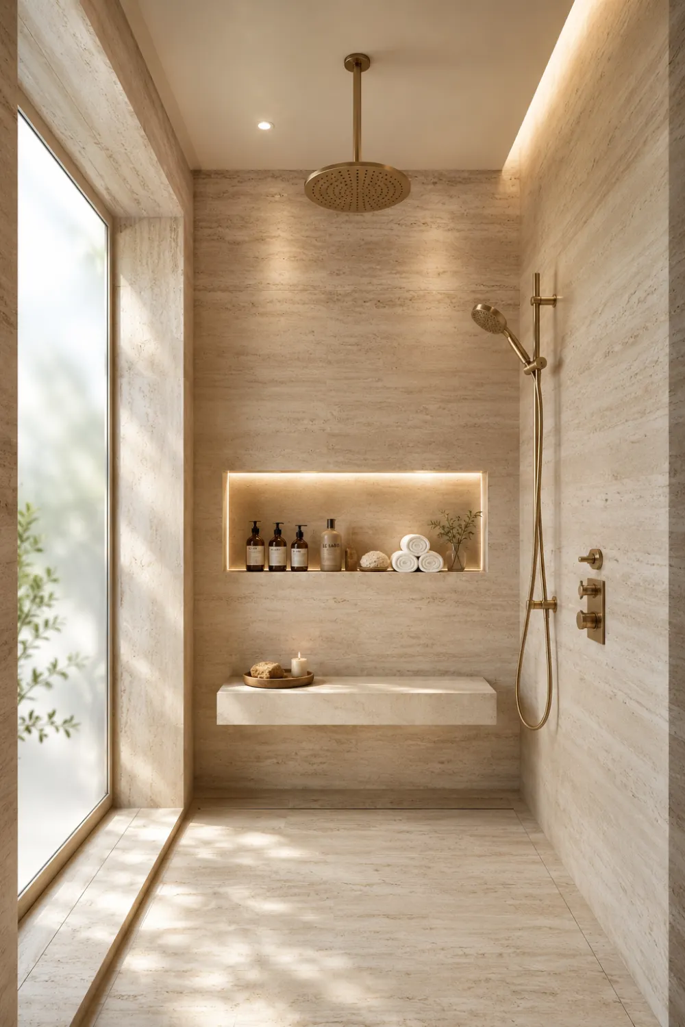 Organic modern travertine shower with brass fixtures, floating stone bench, illuminated niche, warm neutral tones, and spa-inspired bathroom decor.
