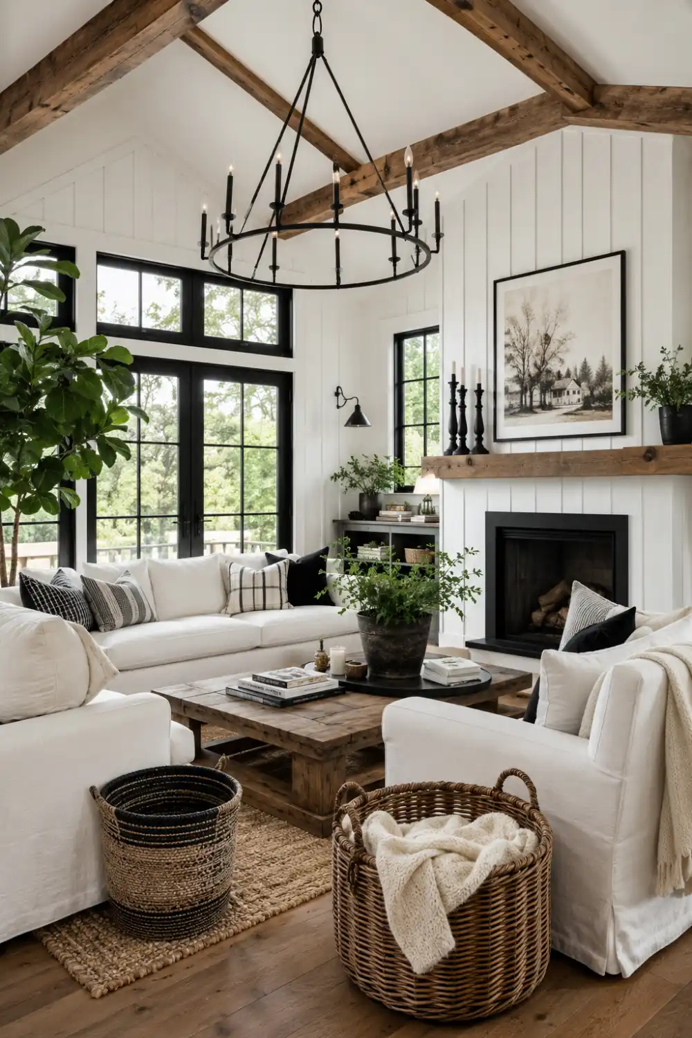 Modern farmhouse black and white living room with white slipcovered sofas, wood beams, black windows, rustic coffee table, and cozy decor.