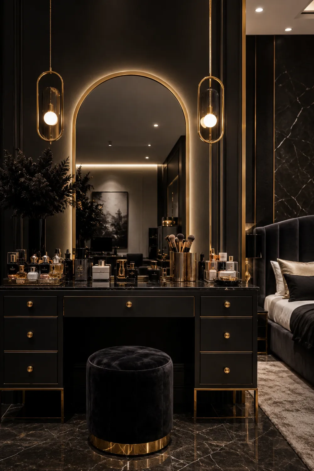 Modern black and gold dressing table with arched illuminated mirror, luxury perfume collection, makeup brushes, black velvet stool, gold hardware, pendant lighting, and dramatic boutique hotel style bedroom interior