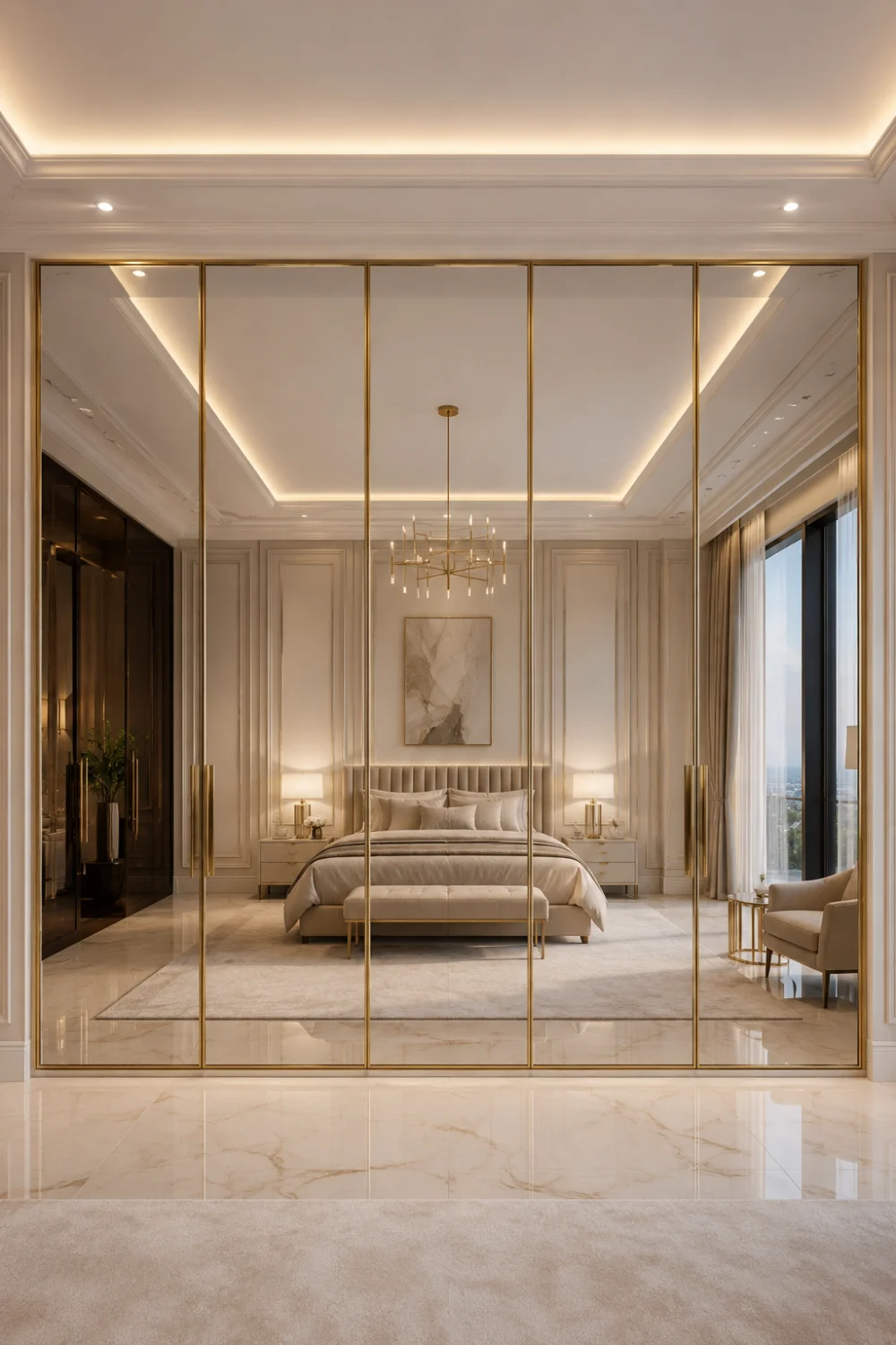 Mirrored wardrobe with champagne gold frames reflecting a luxurious bedroom featuring elegant wall moldings, soft lighting, marble flooring, and upscale contemporary décor.