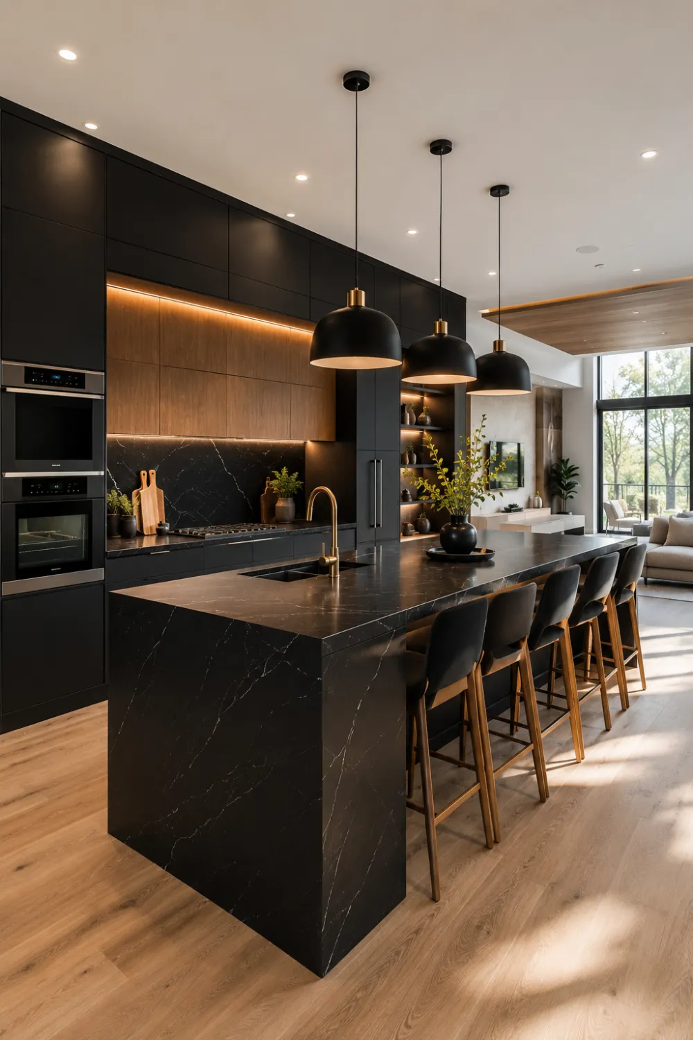 Luxury matte black open kitchen featuring black stone waterfall island, floor-to-ceiling black cabinetry, warm wood accent panels, designer pendant lights, ambient LED lighting, modern bar seating, and an elegant open concept living area with contemporary finishes.