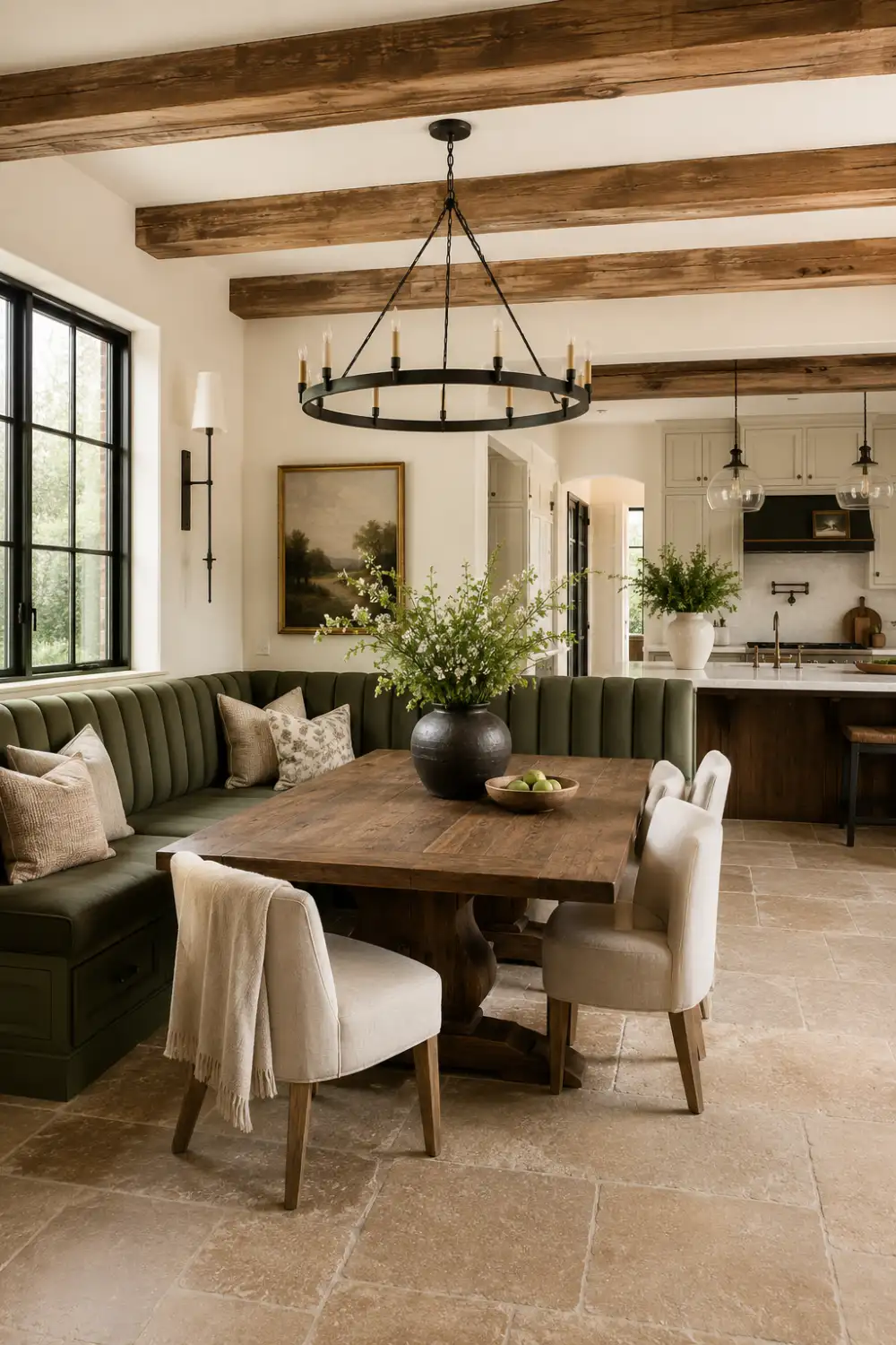 Modern farmhouse breakfast nook featuring olive green channel-tufted banquette seating, rustic wood dining table, exposed ceiling beams, black iron chandelier, natural stone flooring, and cozy designer farmhouse decor.