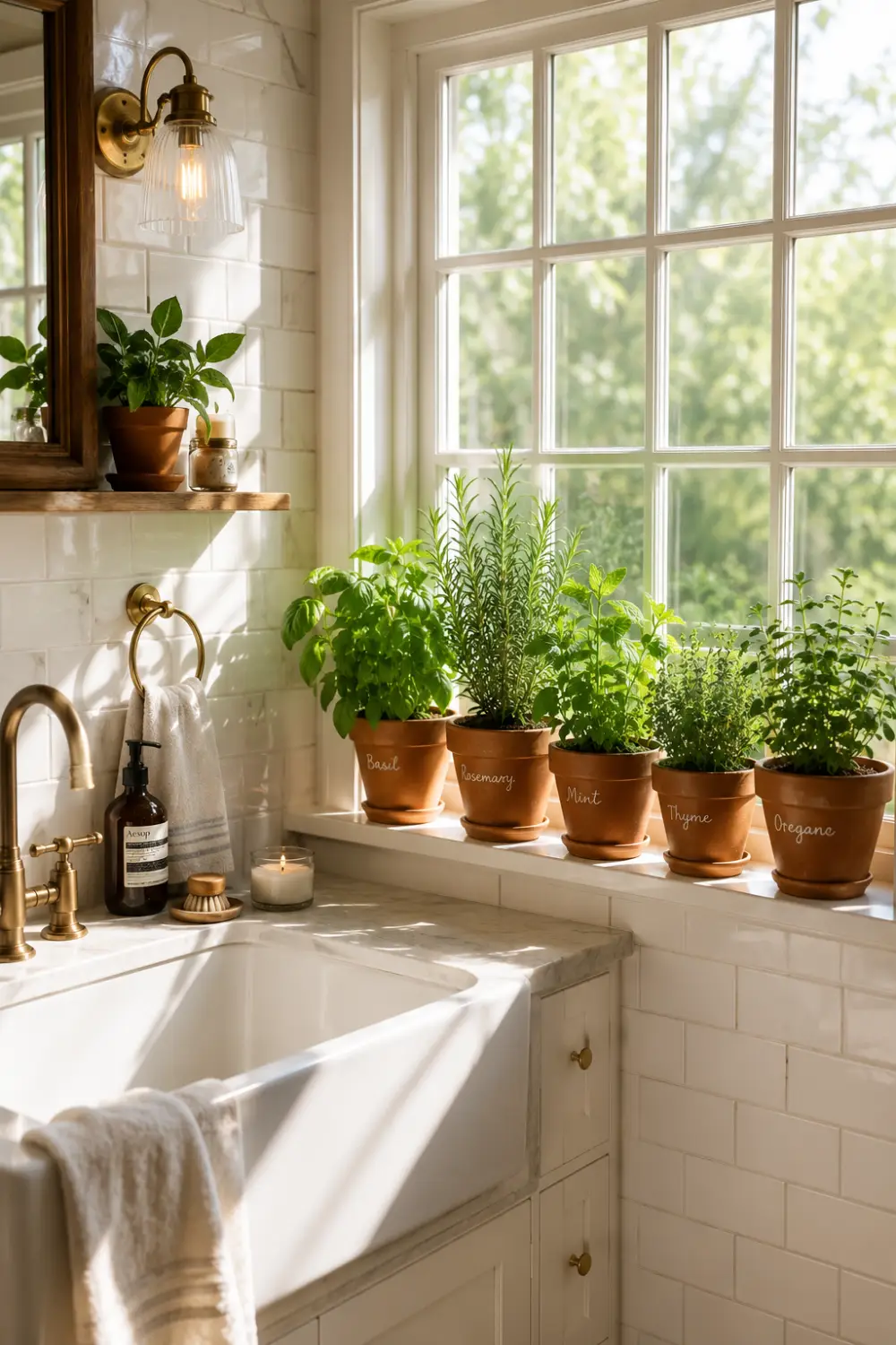 Bright bathroom windowsill herb garden with basil, rosemary, mint, thyme, and oregano growing in terracotta pots beside a farmhouse sink and sunny window