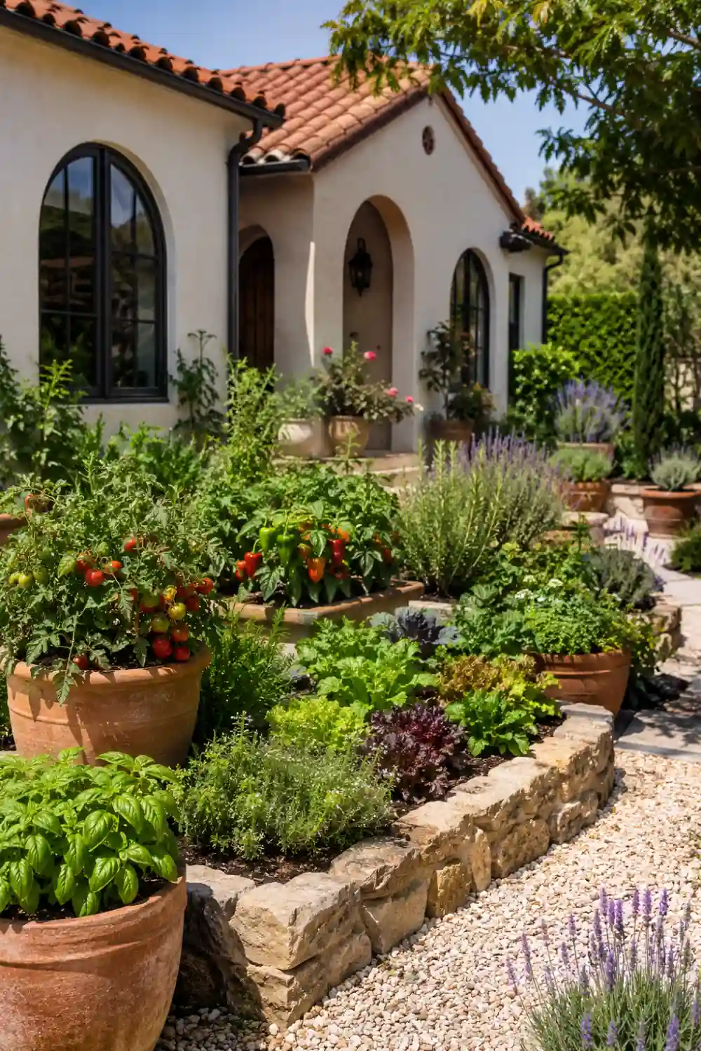 Mediterranean-style front yard vegetable garden featuring terracotta planters, stone borders, basil, tomatoes, peppers, rosemary, thyme, lavender, and lush greenery in front of a beautiful stucco home with terracotta roof tiles and arched windows.