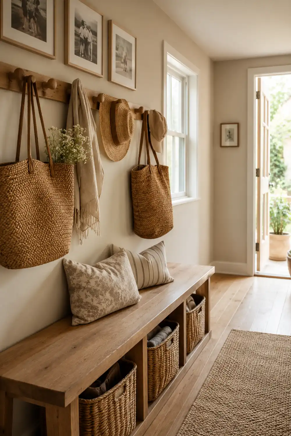Hallway with wooden wall hooks holding woven bags and hats, rustic storage bench, woven baskets, framed family artwork, natural wood accents, soft neutral walls, and bright daylight creating a functional yet stylish family-friendly entryway.
