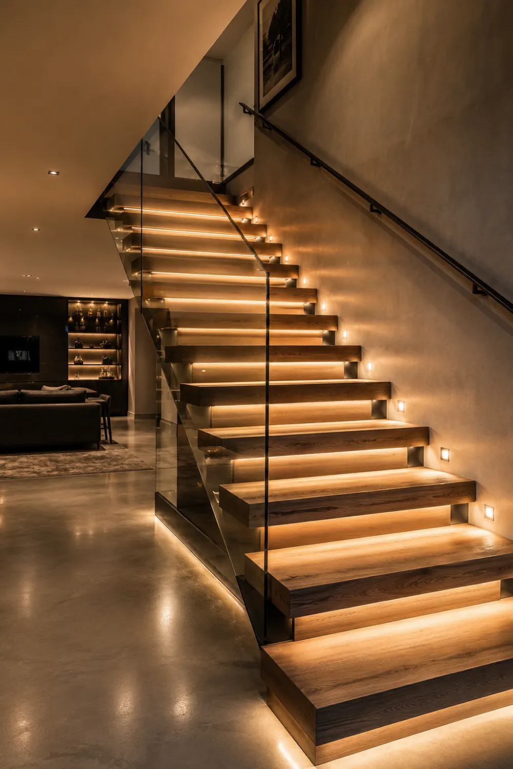 Luxury basement staircase with built-in LED stair lighting, floating wood treads, glass railing, warm ambient lighting, and modern designer interior