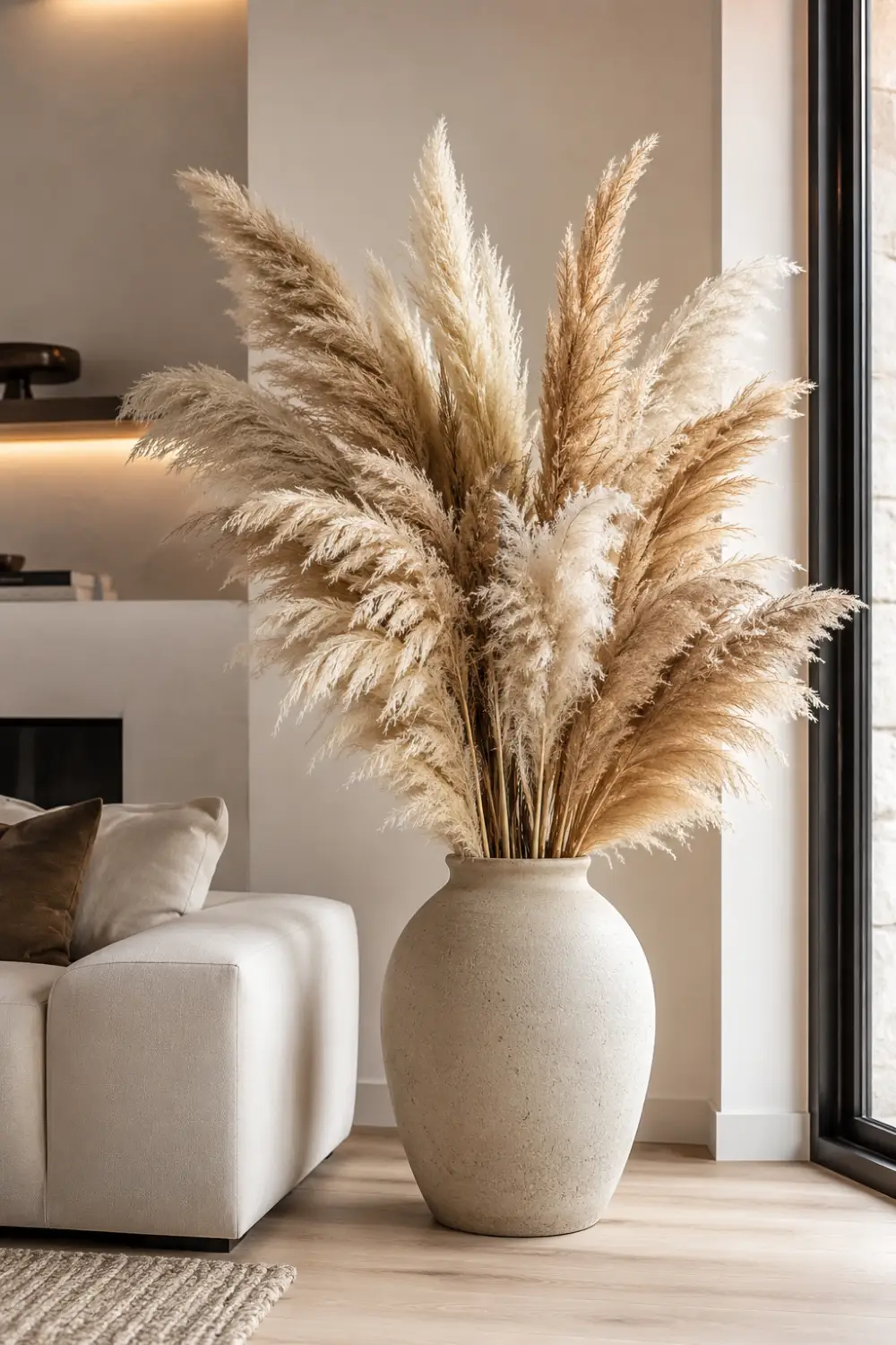 Large neutral pampas grass arrangement displayed in a textured ceramic floor vase beside a modern sofa in a bright organic modern living room. Soft beige tones, natural textures, and elegant dried botanicals create a warm and inviting atmosphere inspired by the latest interior design trends.