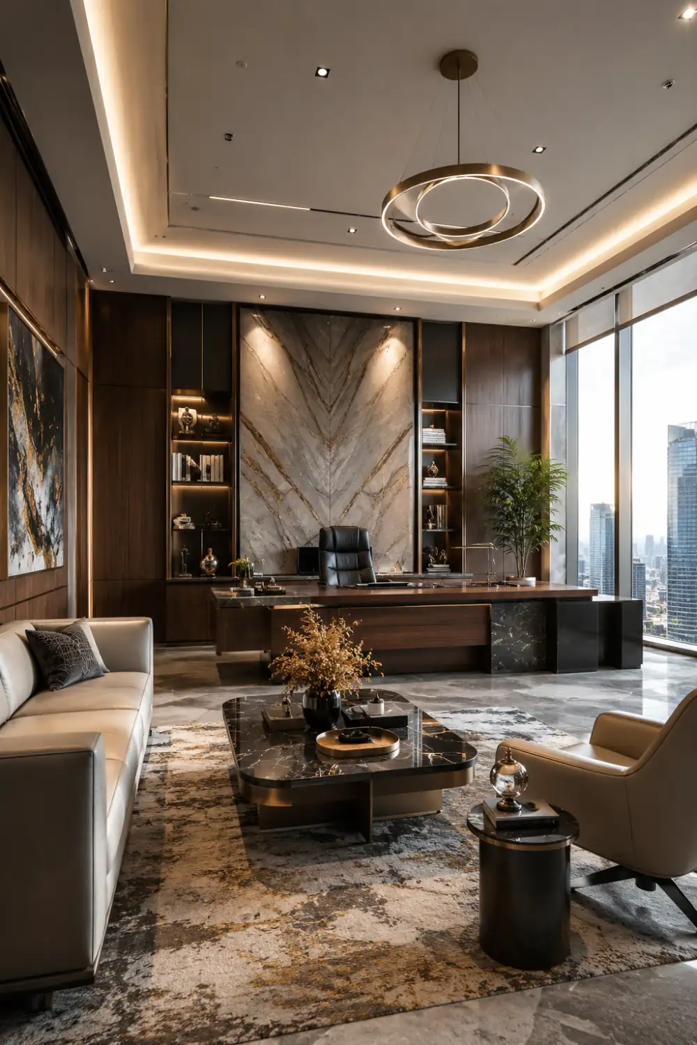 Contemporary CEO office featuring a luxury executive desk, statement chandelier, marble feature wall, designer seating area, built-in shelving, floor-to-ceiling windows, and elegant modern office styling with premium finishes.