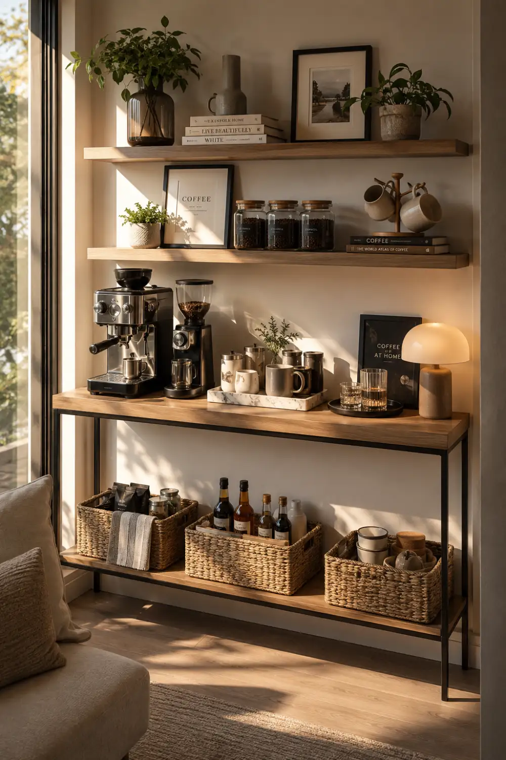 Slim console table coffee station featuring floating shelves, espresso machine, coffee accessories, decorative lamp, woven storage baskets, ceramic mugs, and modern styling designed for narrow spaces and compact homes.