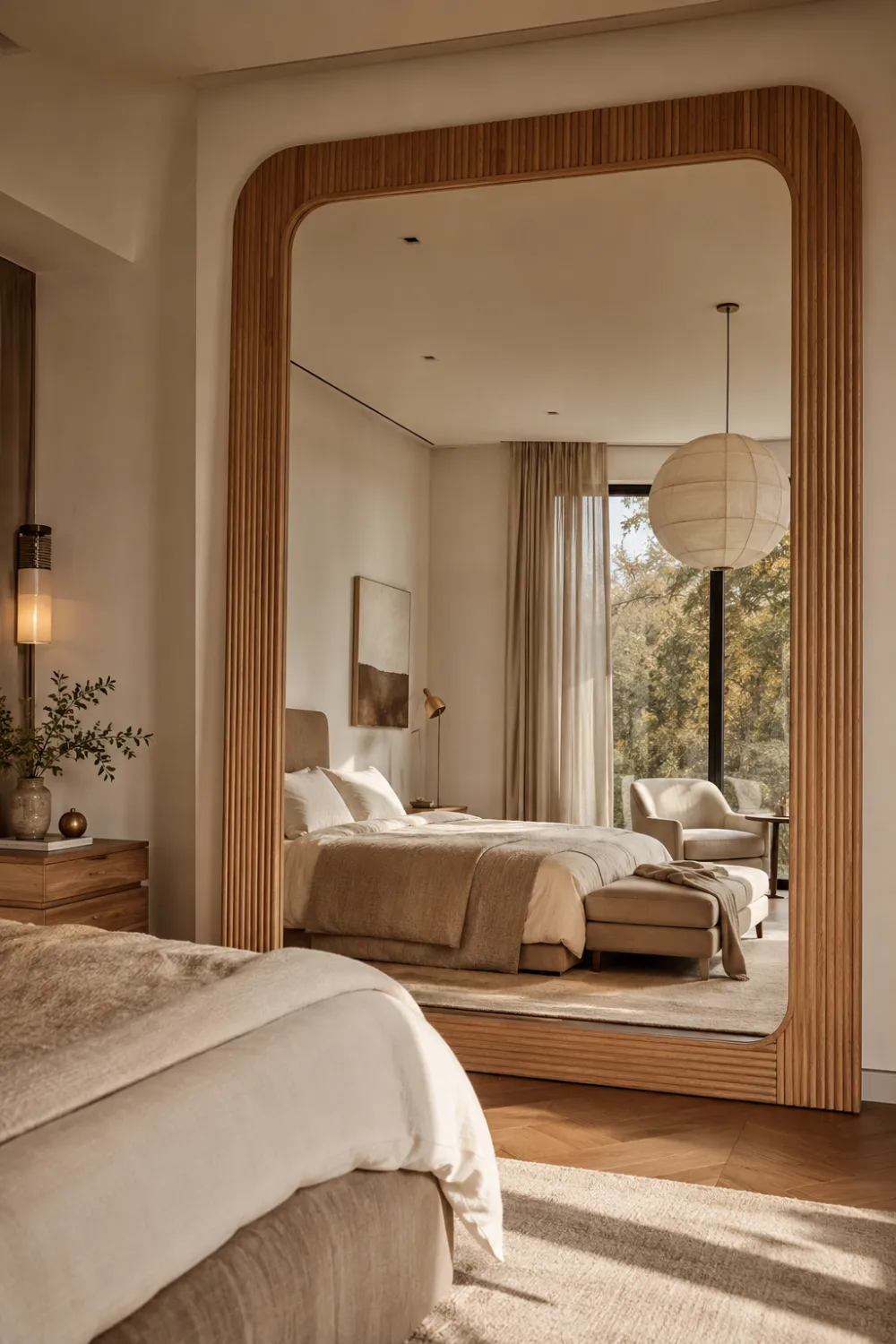 Large fluted wood frame mirror in a luxury modern bedroom with warm oak finishes, neutral bedding, organic decor elements, natural sunlight, and elegant contemporary interior design