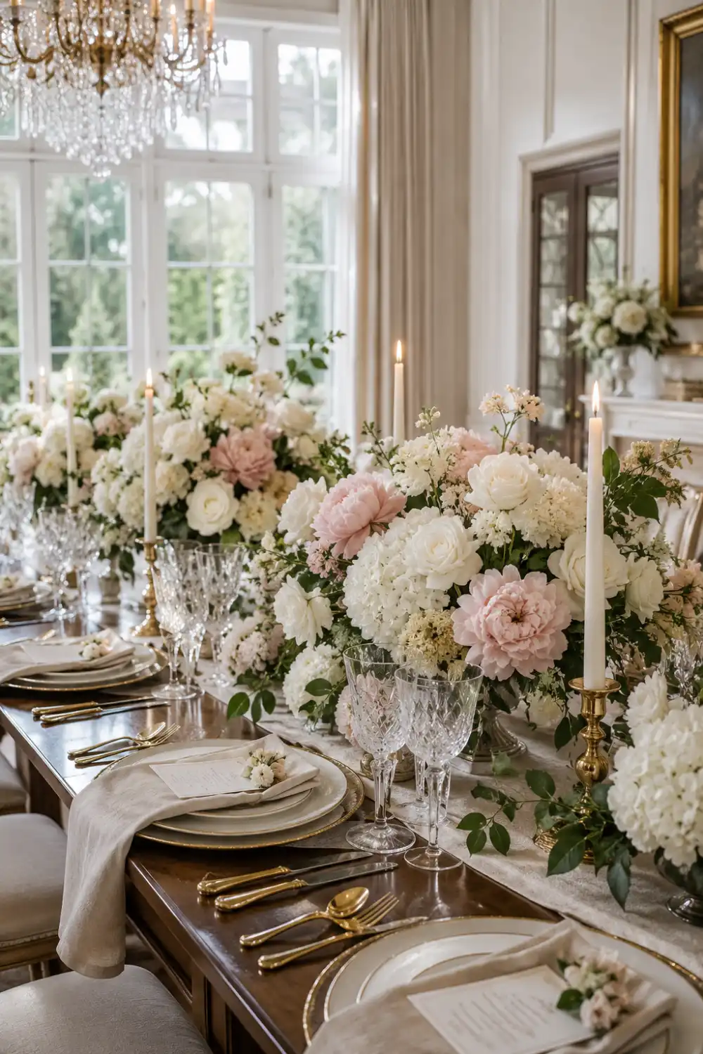 Luxury floral dining table tablescape featuring white hydrangeas, blush peonies, roses, crystal glassware, gold flatware, candles, and elegant table settings inside a sophisticated dining room.