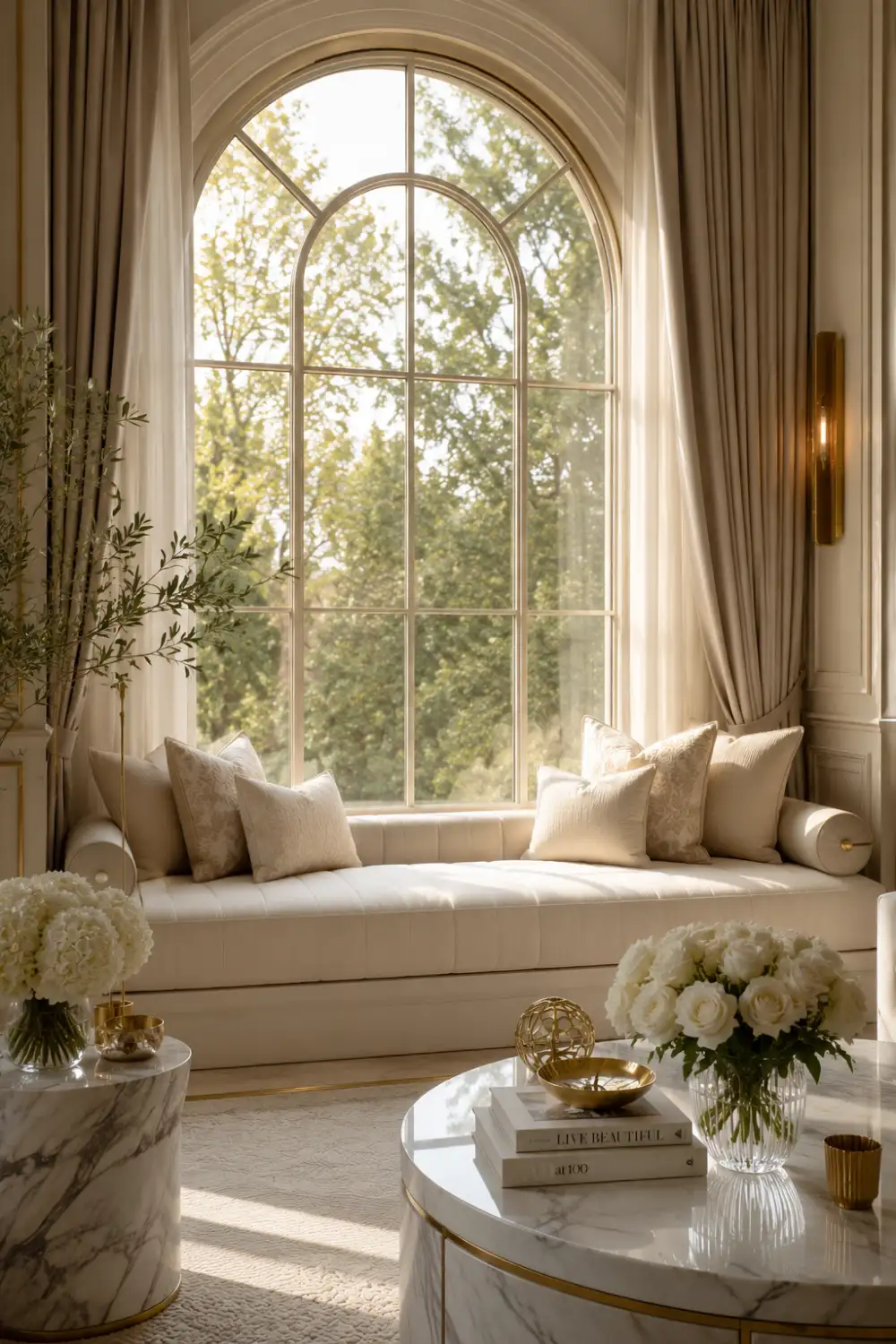 Luxury custom upholstered window seat beneath a grand arched window featuring elegant neutral pillows, floor to ceiling drapes, marble tables, fresh flowers, and warm natural lighting. Sophisticated home decor with a timeless and refined aesthetic.