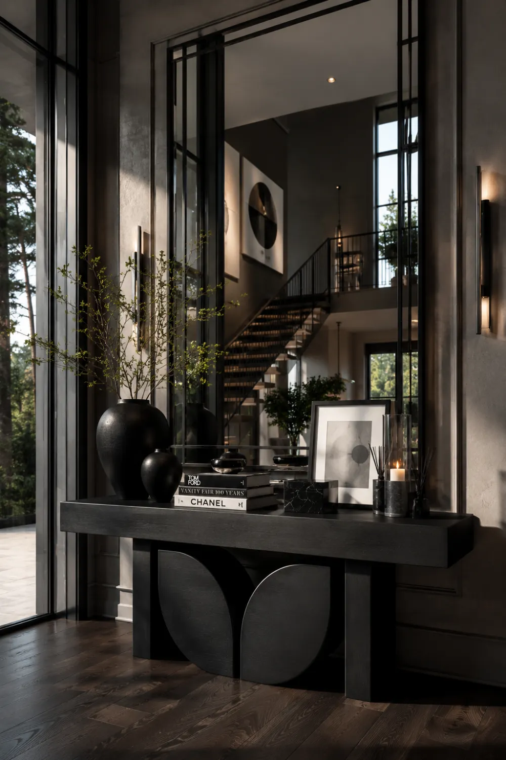 Black statement console table with sculptural base, modern decor accessories, candles, designer books, black ceramic vases, and dramatic floor to ceiling windows in a luxury contemporary entryway.