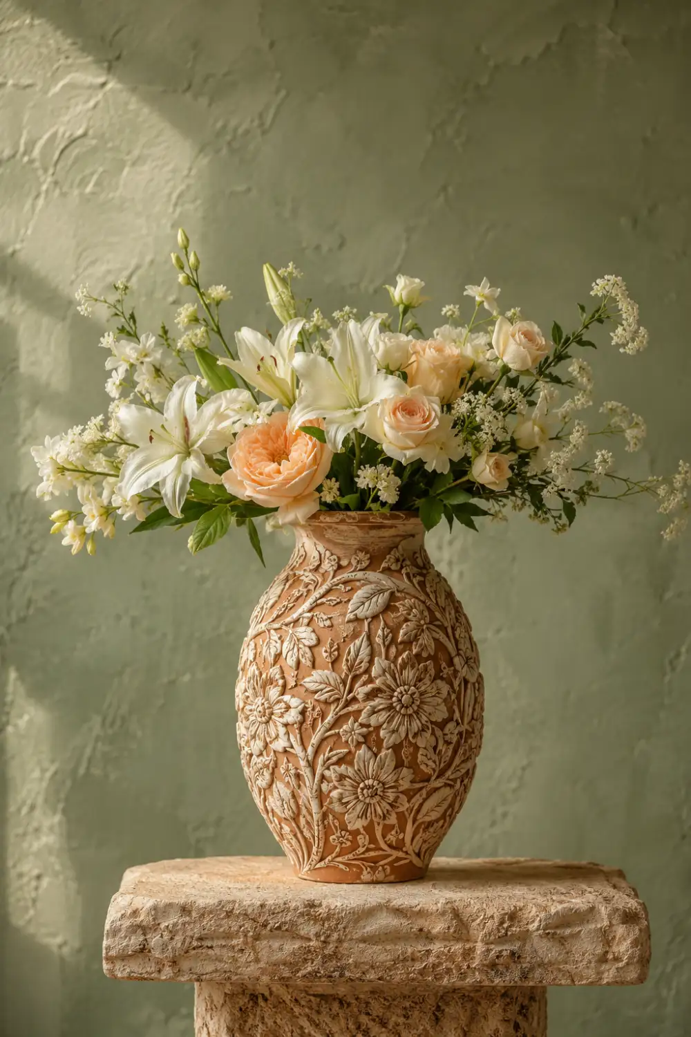 Handcrafted clay vase with intricate floral carvings and fresh flowers displayed on a stone pedestal. Elegant pottery decor idea for dining tables, entryway styling, cottage interiors, and luxury home decorating inspiration.