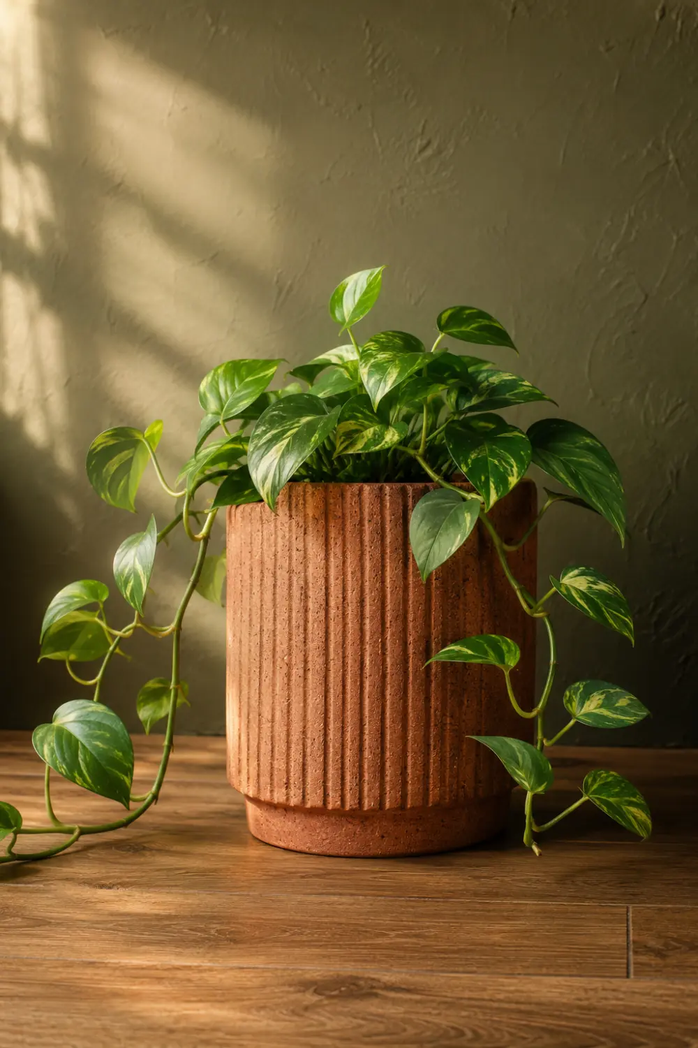 Textured terracotta ceramic planter with trailing pothos plant placed on a wooden surface in a warm modern home interior with natural sunlight