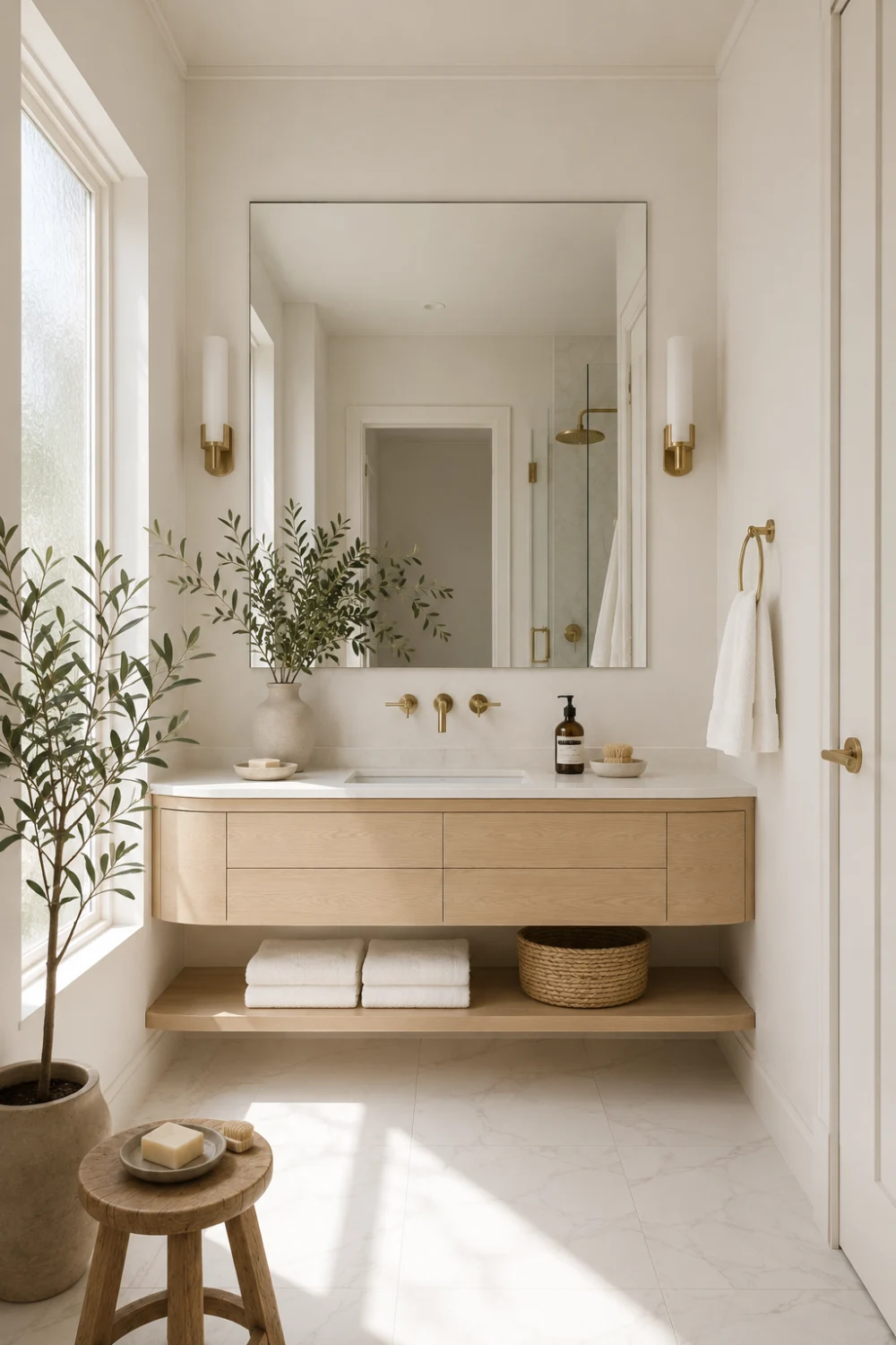 Creamy white bathroom paint color with light oak vanity, brass fixtures, white marble flooring, modern mirror, and luxury small bathroom design