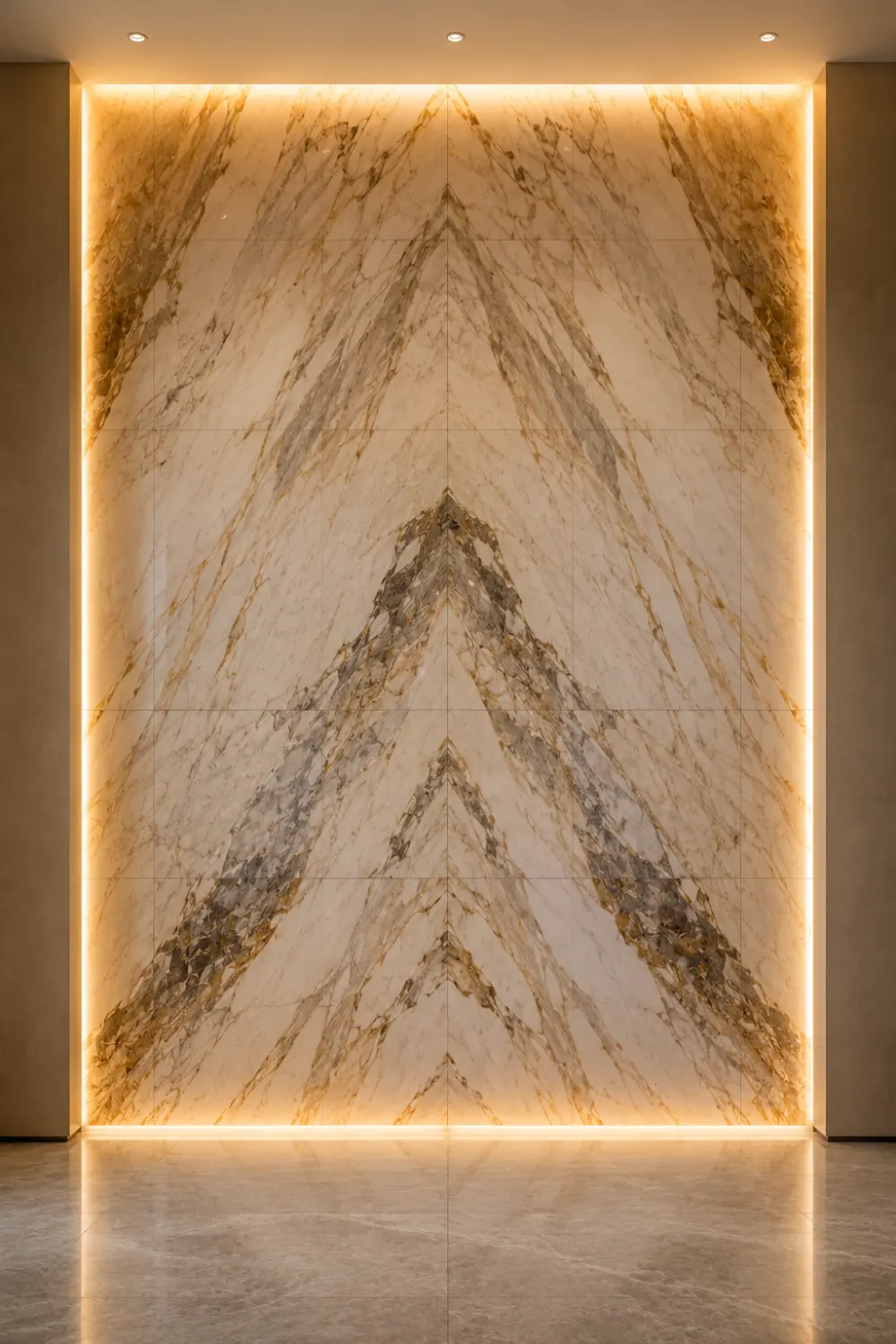 Luxury bookmatched marble accent wall with dramatic natural veining and hidden LED backlighting, modern statement wall design, premium stone feature wall, high end interior architecture and luxury home inspiration.