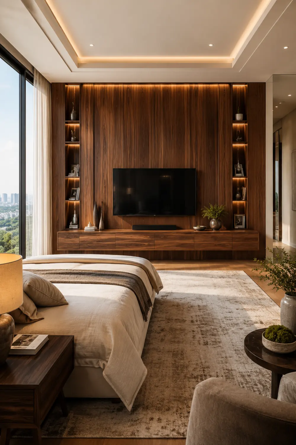 Floor to ceiling walnut bedroom TV wall with built in shelving, floating media cabinet, rich wood textures, warm LED lighting, luxury bedroom interior, modern TV feature wall, elegant decor, and designer bedroom inspiration.