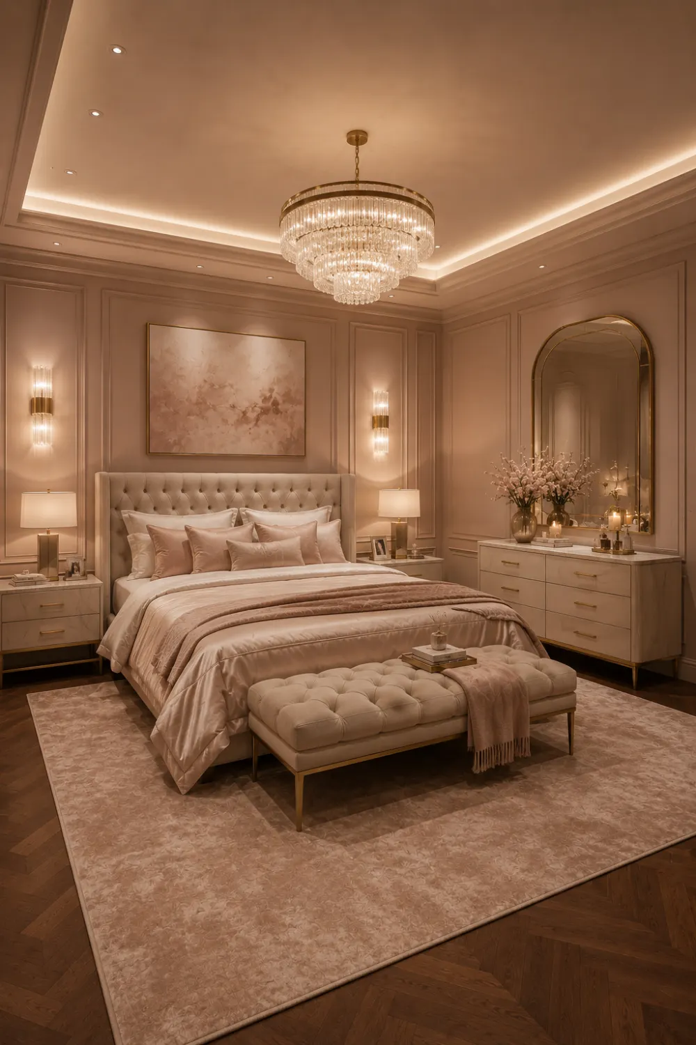 Luxury Champagne Blush bedroom with crystal chandelier, upholstered bed, blush toned walls, gold accents, elegant furniture, soft textiles, warm lighting, and glamorous bedroom decor inspiration.