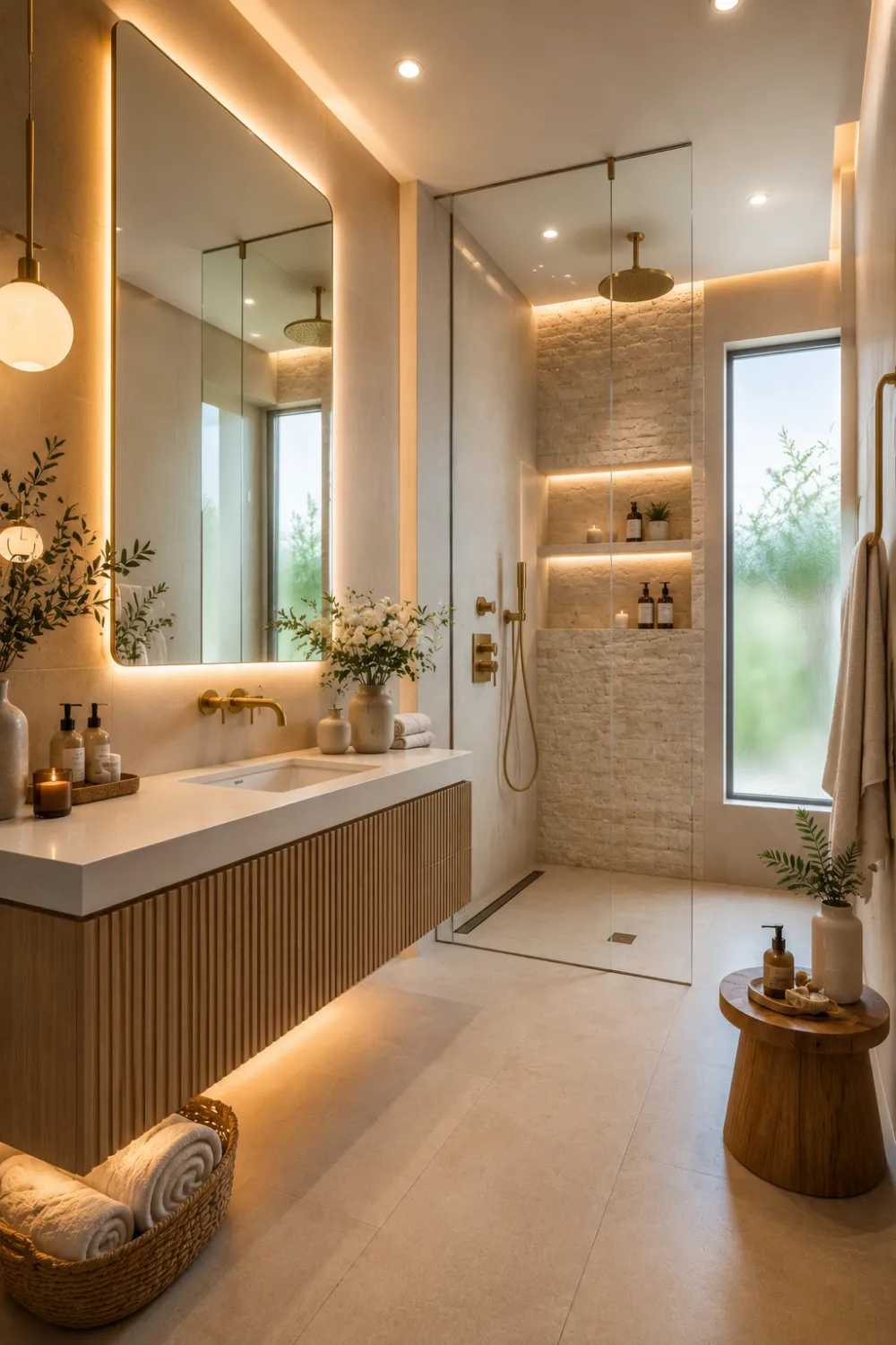 Modern fluted wood bathroom featuring a floating ribbed oak vanity, full height illuminated mirror, brushed brass rainfall shower, frameless glass shower enclosure, built in wall niches, soft LED lighting, neutral stone flooring, decorative flowers, and stylish luxury bathroom accessories in a bright contemporary layout.