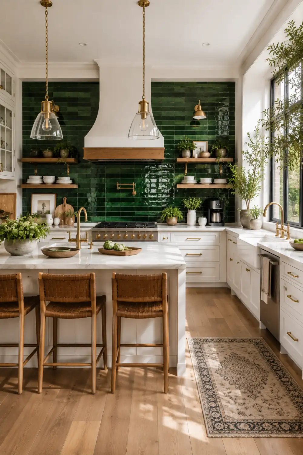 Elegant glossy emerald green tile kitchen backsplash paired with white shaker cabinets, marble countertops, brass hardware, floating wood shelves, large windows, and luxury pendant lighting. This vibrant modern kitchen blends bold color with natural materials to create a sophisticated and eye catching designer interior.