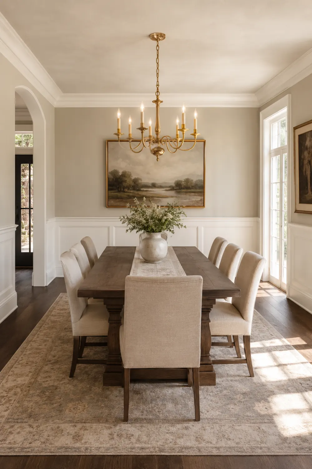 Shaker-style wainscoting in a beautiful dining room featuring white wall paneling, neutral walls, upholstered dining chairs, wooden dining table, brass chandelier, and timeless transitional home décor.