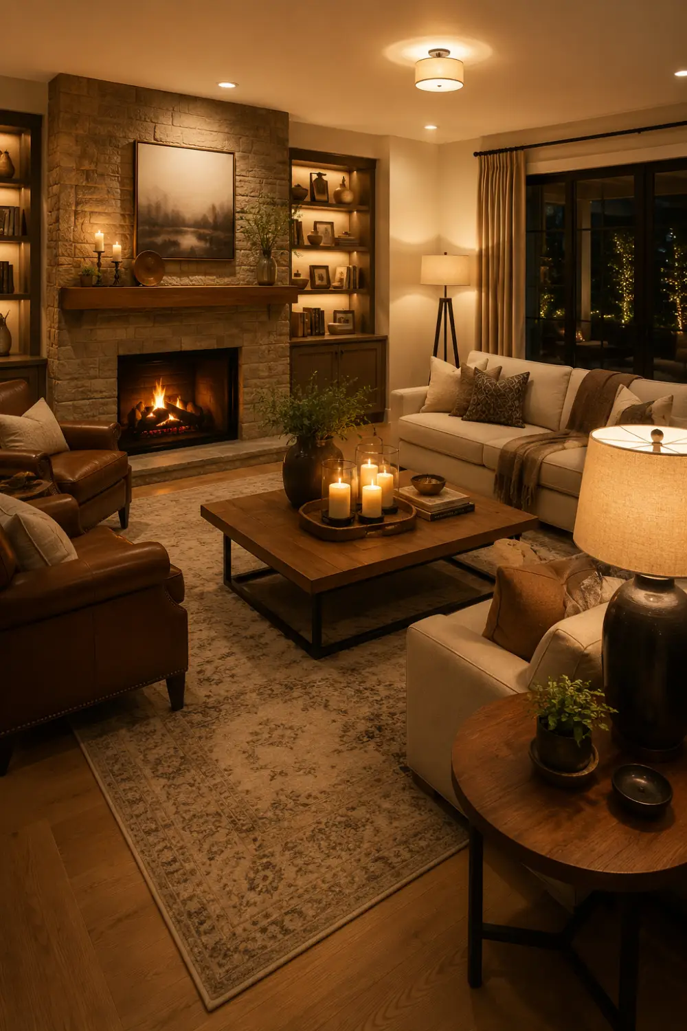 Cozy living room illuminated by warm lamps, glowing candles, fireplace lighting, soft neutral furniture, wood accents, and ambient evening decor creating a relaxing and intimate atmosphere.