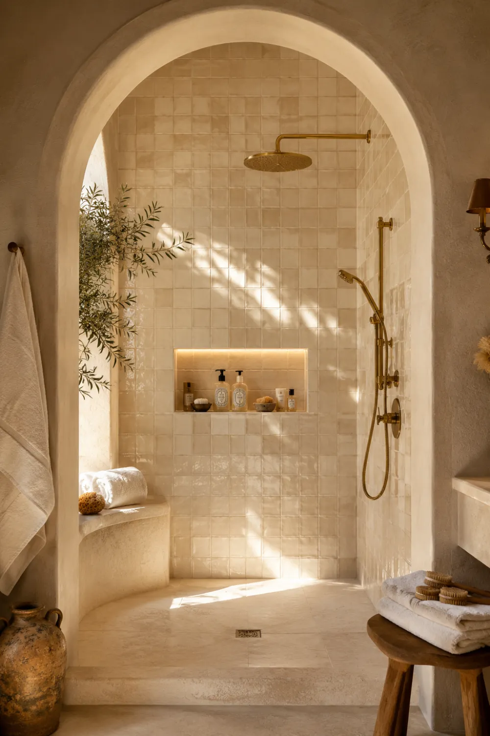 Elegant arched shower alcove with cream zellige tiles, brass shower fixtures, curved bench, illuminated niche, and Mediterranean-inspired bathroom style.