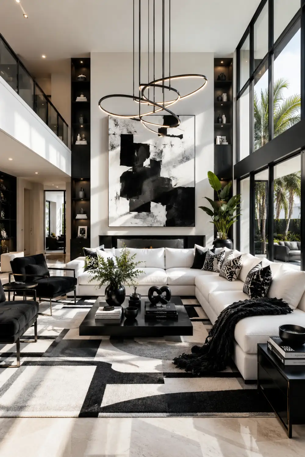 Contemporary black and white living room with large sectional sofa, geometric rug, modern lighting, abstract artwork, and luxury decor.