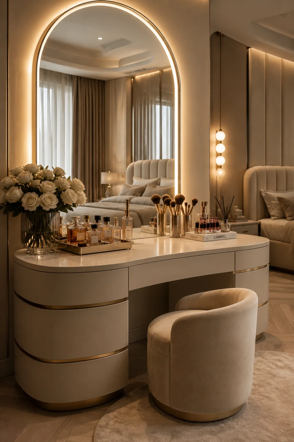 Curved contemporary dressing table with rounded edges, oversized arched LED mirror, luxury perfumes, makeup organizers, fresh flowers, cream velvet chair, and sophisticated modern bedroom with warm neutral decor