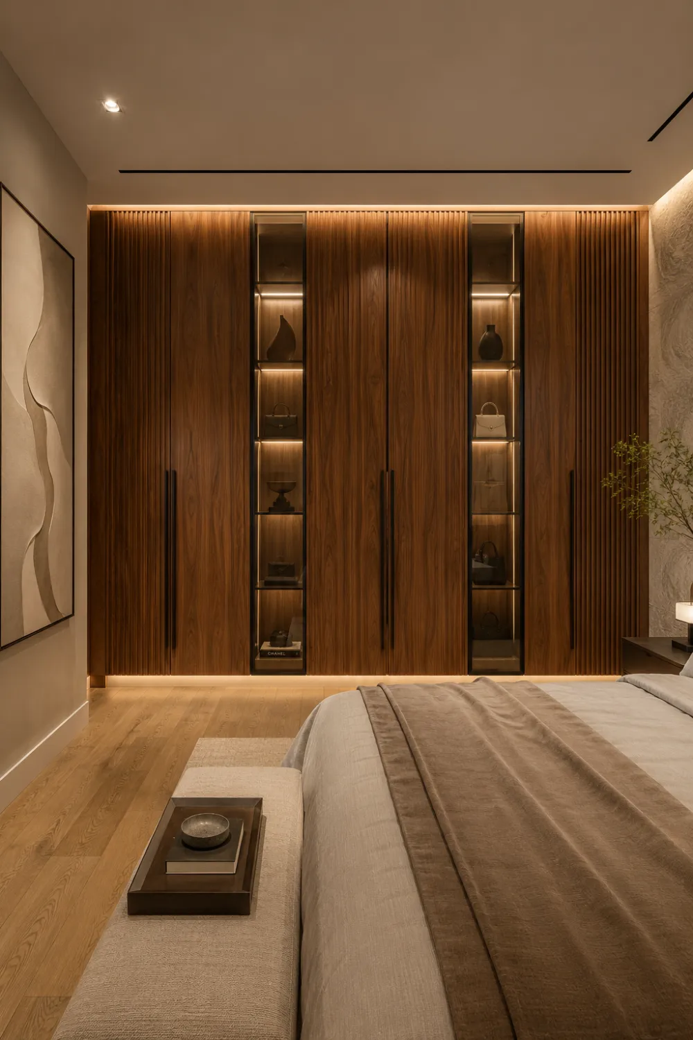 Fluted walnut wood wardrobe with vertical slatted panels, illuminated display niches, black handles, warm LED lighting, and a cozy contemporary bedroom design.