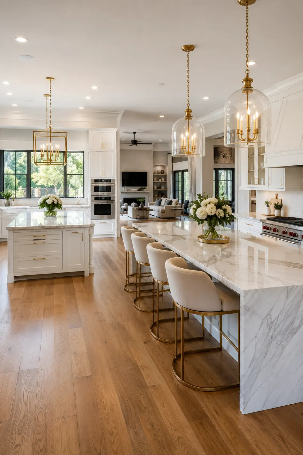 Elegant double island open kitchen with marble countertops, gold accents, luxury pendant lights, custom white cabinetry, hardwood flooring, upholstered seating, and a spacious entertaining area connected to modern dining and living spaces.