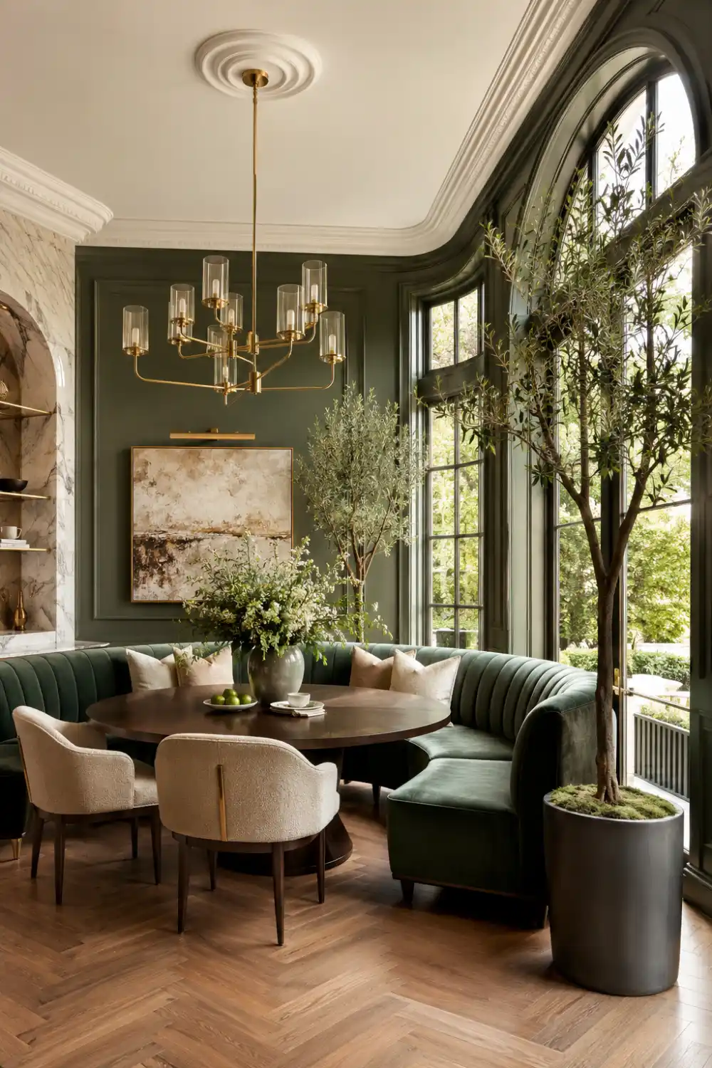 Luxury olive green breakfast nook with curved velvet banquette, dark wood round dining table, brass chandelier, dramatic wall paneling, oversized arched windows, indoor olive tree, and upscale designer interior styling.