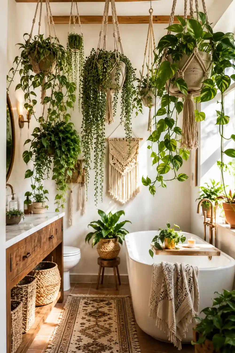 Boho bathroom featuring multiple macramΓ© hanging planters filled with pothos, string of pearls, trailing greenery, woven baskets, and freestanding bathtub decor
