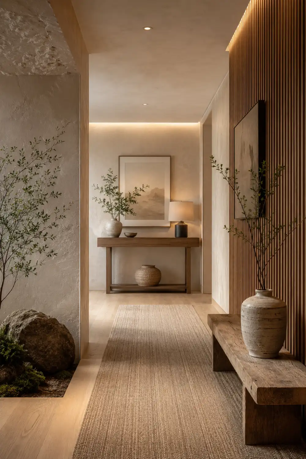 Modern Japandi hallway with vertical wood slat wall, minimalist console table, textured beige walls, ceramic pottery, natural greenery, woven runner rug, warm ambient lighting, and calming neutral tones creating a serene designer-inspired interior.