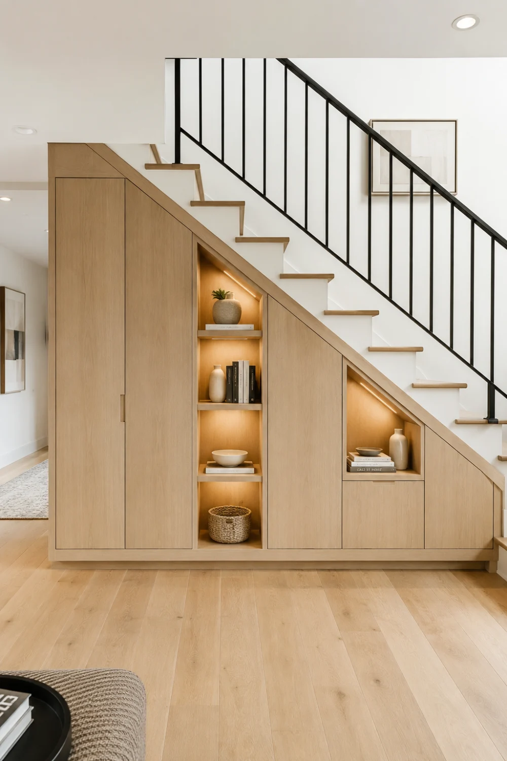 Custom under stair storage cabinets with wood cabinetry, built-in shelves, decorative lighting, black railing, and functional basement staircase organization