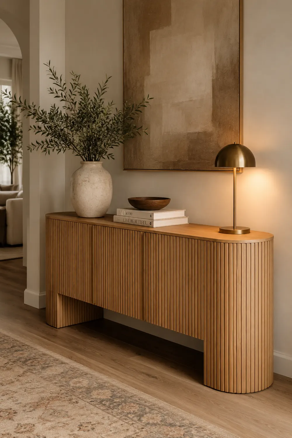Luxury fluted wood console table featuring vertical ribbed detailing, warm oak finish, decorative ceramic vase, designer table lamp, and abstract wall art. Styled in a sophisticated entryway with natural tones and organic modern decor elements that create a refined high-end interior look.