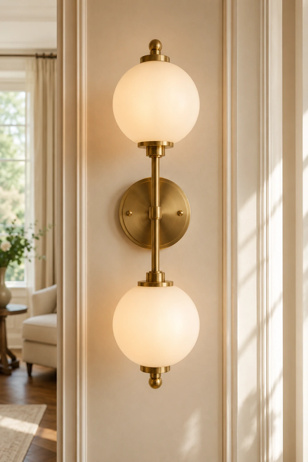 Double globe wall sconce featuring two frosted glass spheres connected by a brushed brass frame, mounted on a luxury wall panel and providing balanced ambient lighting in a modern interior.
