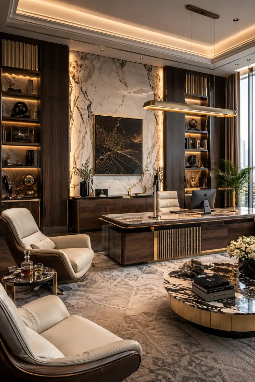 Billionaire-inspired office interior with custom marble executive desk, luxury lounge seating, dramatic feature wall, designer lighting, premium décor, rich wood finishes, and sophisticated architectural details throughout the workspace.