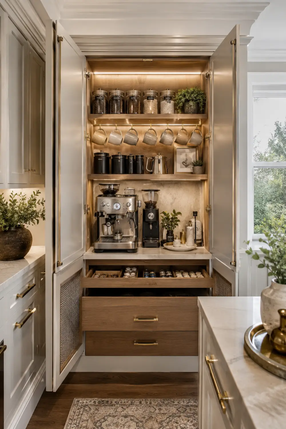 Luxury hidden cabinet coffee bar with custom shelving, integrated lighting, espresso machine, coffee grinder, hanging mugs, organized coffee pods, marble countertop, and elegant storage concealed behind tall cabinet doors.