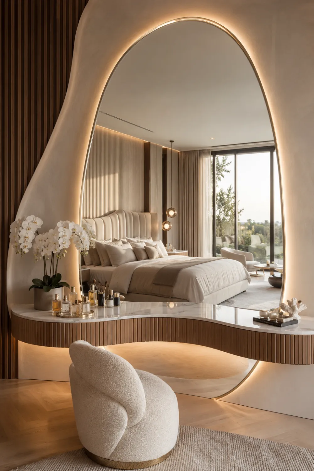 Luxury vanity corner featuring a large illuminated mirror, floating vanity table, stylish chair, decorative perfume bottles, fresh orchids, marble countertop, and elegant modern bedroom decor