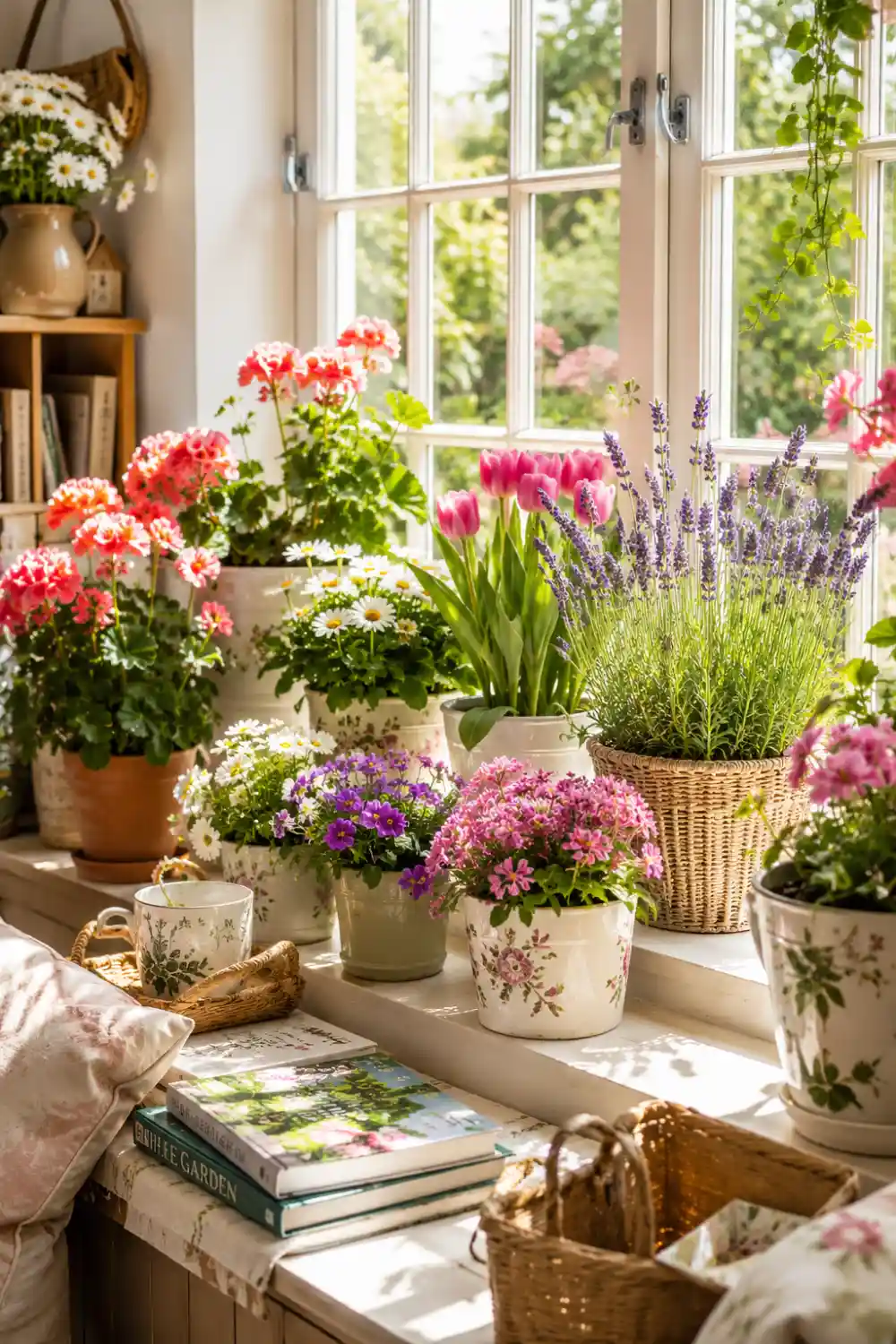 Bright window sill flower garden filled with colorful tulips, lavender, daisies, geraniums, decorative planters, woven baskets, and natural sunlight streaming through large cottage style windows.