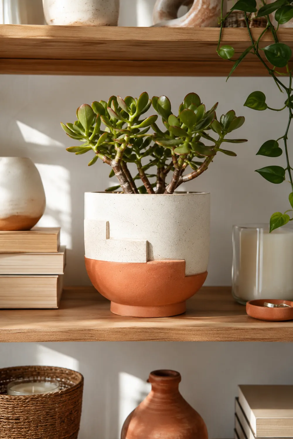 Modern handmade clay planter with a white and terracotta geometric design holding a lush succulent plant on wooden shelves surrounded by books, candles, and greenery in a cozy home setting.
