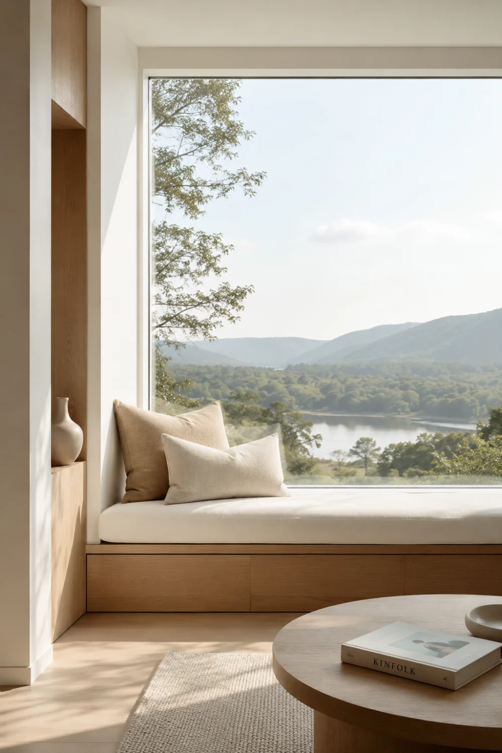Scenic window seat with panoramic mountain and lake views, soft cream cushions, warm wood cabinetry, minimalist decor, and abundant natural sunlight. Modern window bench design creating a peaceful retreat inspired by nature and organic living.