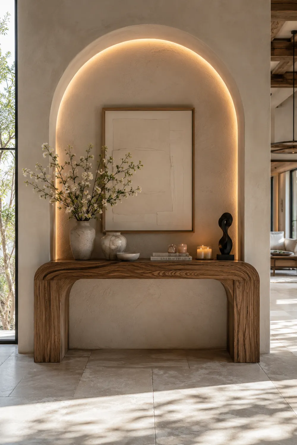 Custom arched niche console setup with warm LED backlighting, natural wood console table, decorative artwork, candles, ceramic vases, and organic decor accents in a luxury modern home entryway.