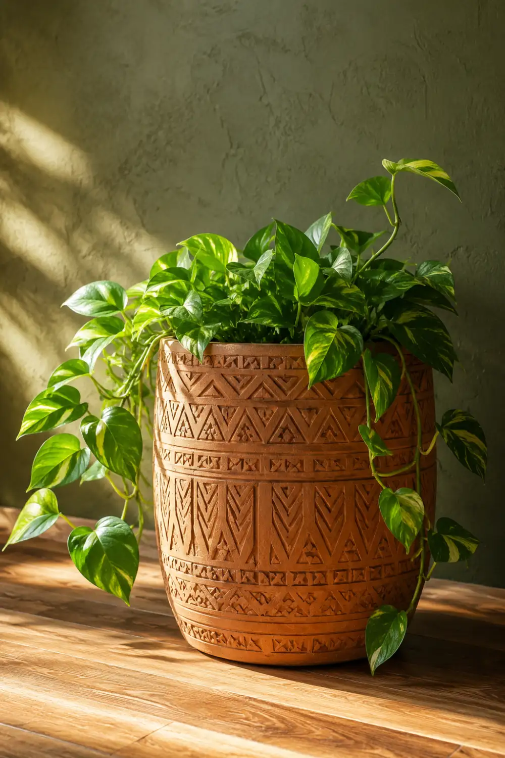 Textured terracotta clay planter with geometric carved details and lush green pothos plant. Beautiful handmade pottery planter for indoor plants, boho decor, living room styling, and modern organic home interiors.