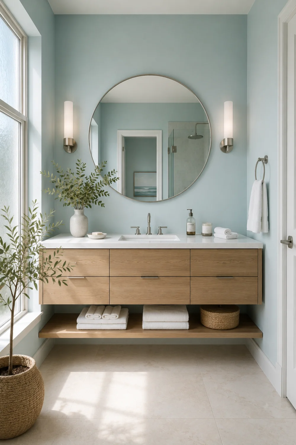 Pale aqua bathroom paint color with round mirror, wood vanity, white countertop, bright natural lighting, and coastal inspired bathroom decor