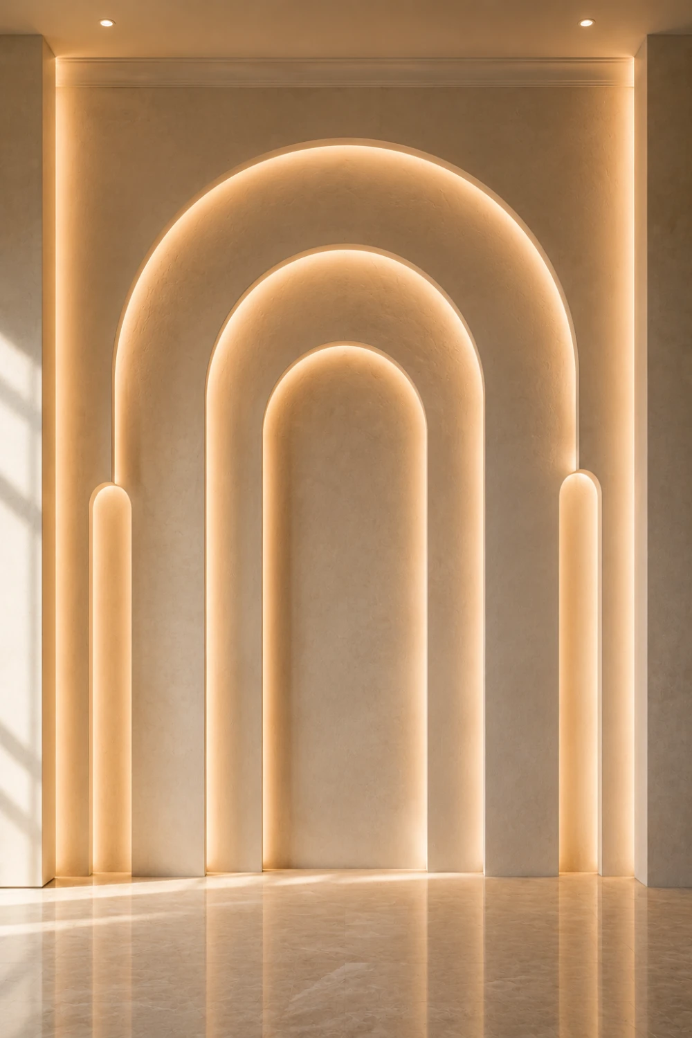 Modern curved arch accent wall with layered architectural arches and integrated warm LED lighting, luxury plaster wall design, contemporary feature wall, elegant designer interior inspiration for modern homes.