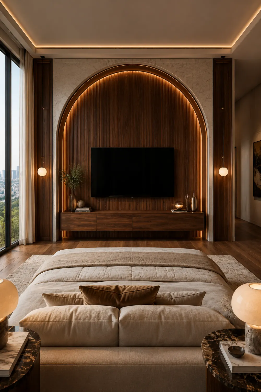 Luxury illuminated wooden arch TV wall design featuring warm ambient lighting, floating media unit, modern bedroom decor, elegant wood paneling, contemporary bedroom styling, and eye catching TV wall inspiration.